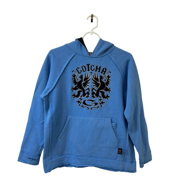 Top Heavy Sz Youth Medium Blue Hooded Dragon Graphic Print Sweatshirt Y2K Skater - Picture 1 of 6